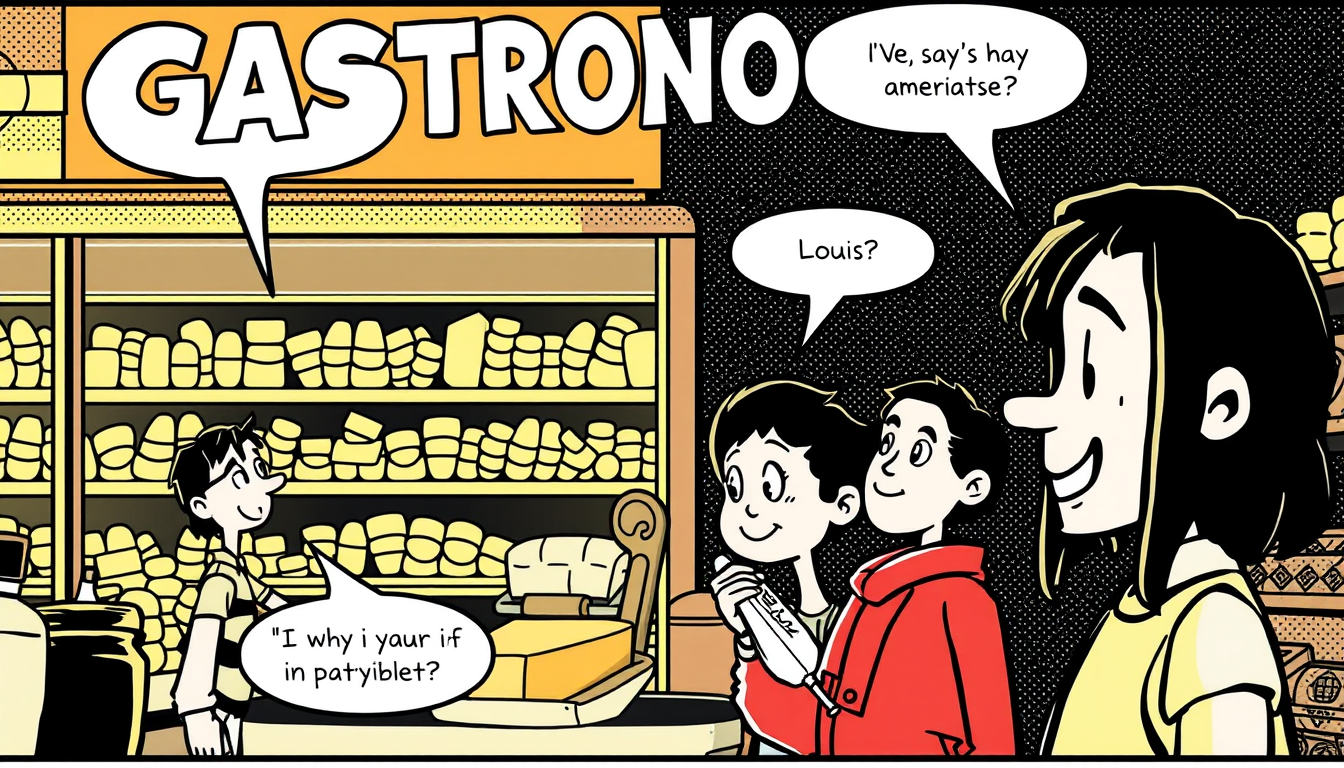 Comic idea: comic panel, bold inks, halftone shading, speech-bubble ready composition, GASTRONOMICAL El mundo entero en un solo supermercado easy-peasy.ai 1. La h