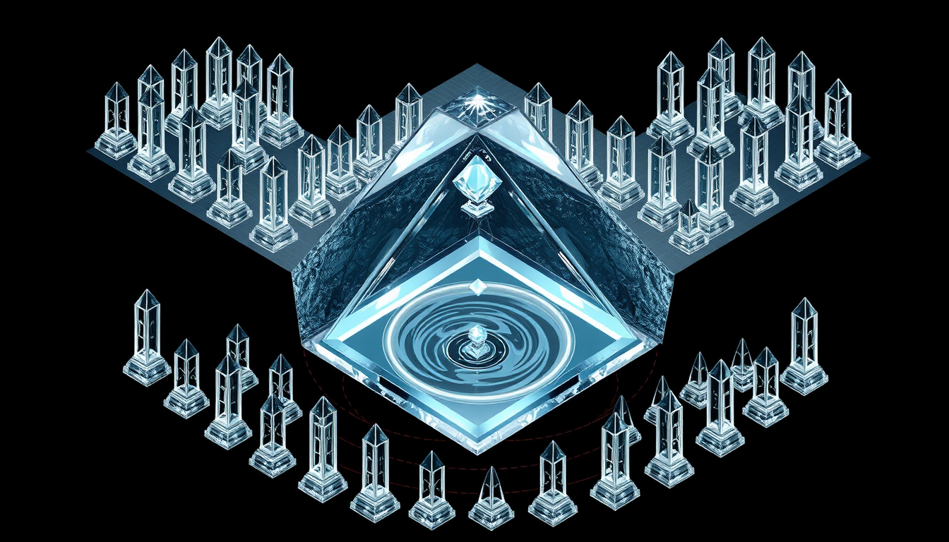 Main art studio: 3D cross-section engineering blueprint, black background. Shows underground depth: one clear quartz double-pyramid. Lower pyramid is inverted deep ins