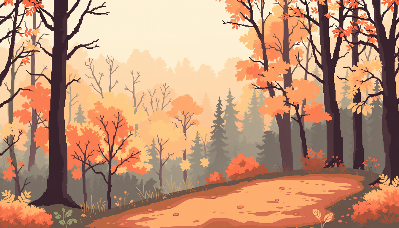 AI Pixel Art idea created from the prompt: pixel art, 32x32 sprite scale, limited palette, retro 16-bit game art, Cozy pastel autumn forest background, no characters. A narrow natural