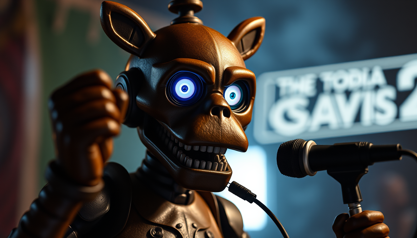 Main art studio: Widehret Freddy five nights at Fredys 2 dañado cables expuestos boca grande ojos normales solo el inclinado con la mano eputando a la cámara con micró