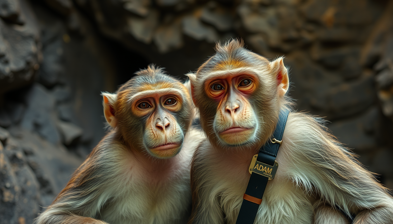 Main art studio: monkey with nametag ADAM with his owner ipan .ipan is human but drunk theyre in cave