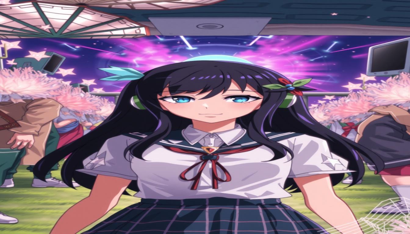 Main art studio: Single Master Prompt (Anime Girl + DJ Scene + Story) **एक बेहद खूबसूरत एनीमे लड़की, लंबे चमकदार काले बाल, बड़ी नीली चमकती आँखें, प्यारी मुस्कान और स्ट