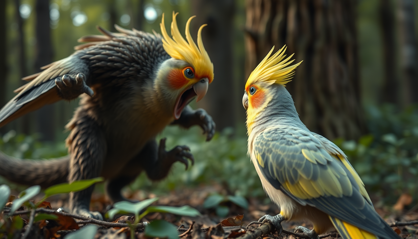 Main art studio: give me a 35 sec video of fight scene between a lutino cockatiel a hero bird and a giant catnap monster on forest intense fight and the bird win at th