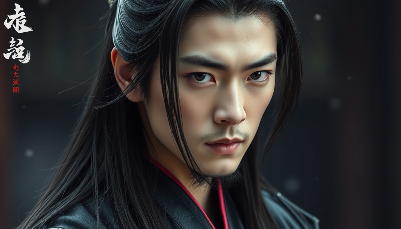 Main art studio: Handsome Chinese prince, 20 years old, long black hair, black royal Hanfu, sharp jawline, cold expression, realistic C-drama actor, cinematic