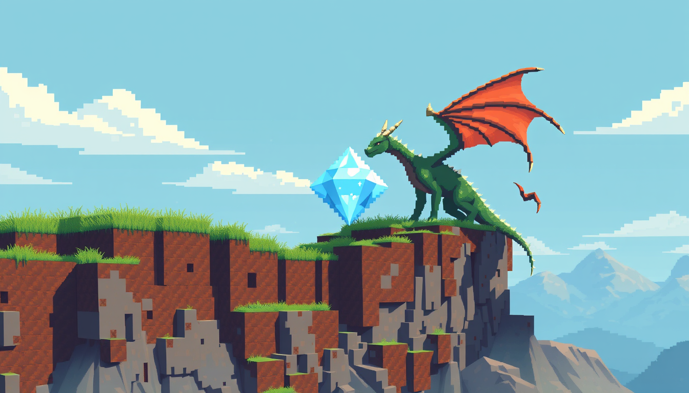AI Art prompt example created from the prompt: make a digital pixel dragon guarding a giant diamond on top of a mountain and wind is blowing and there is grass on top of the mountain, do 