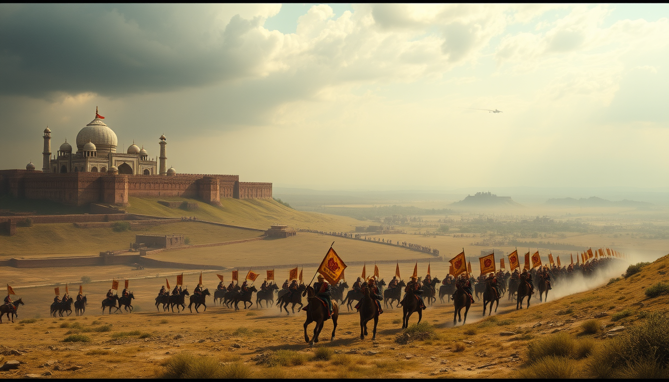 Main art studio: Scene 7 — Building the Empire Prompt: A vast 16th-century Indian landscape showing the expansion of the Mughal Empire, Mughal soldiers marching with h
