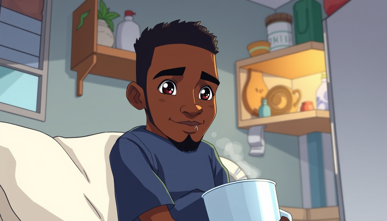 Anime idea: anime style, vibrant colors, expressive eyes, One morning, Emeka wake up with confidence like say na billionaire. He check his account balance: ₦450.