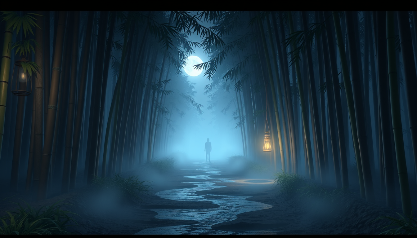 Main art studio: Semi-realistic 3D cartoon Bengali horror ending. An empty muddy path through a dense bamboo grove in rural Bangladesh at night, thick white fog drifti