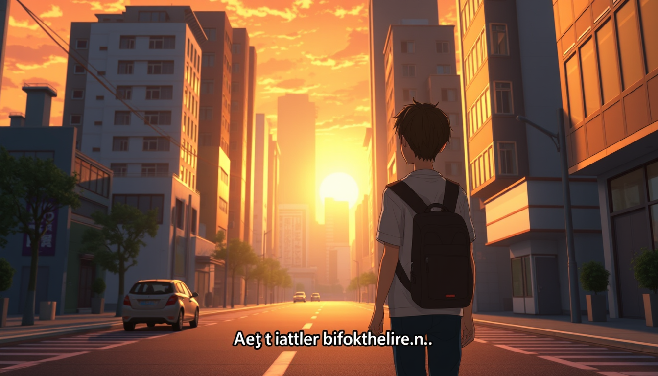 Main art studio: Create a 10-second cinematic anime scene in 16:9 landscape format (1920x1080). Show a beautiful modern Japanese-inspired city at sunset. A 16-year-old
