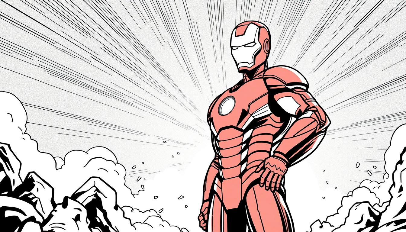 Main art studio: Iron Man standing heroically in a European comic book illustration, full body, clean precise black contour lines of consistent thickness, minimalistic