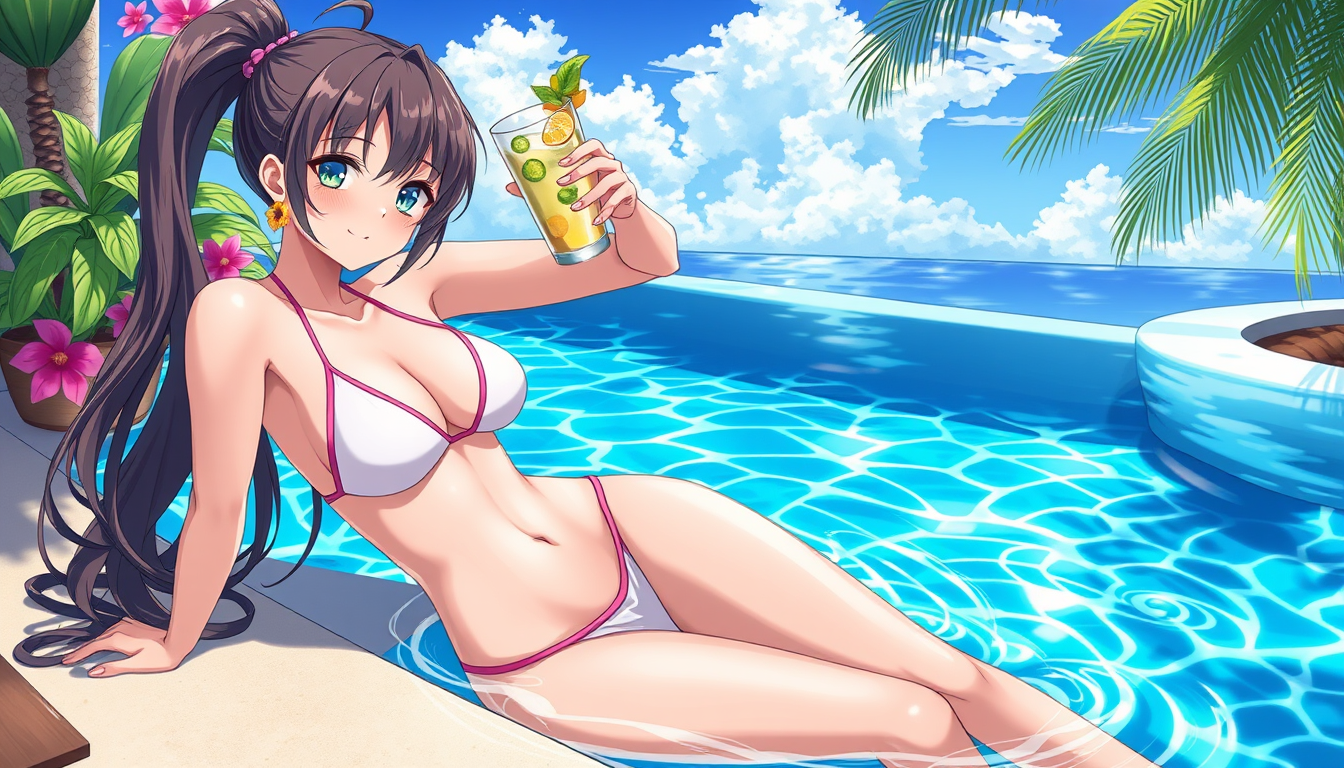 Anime idea: anime style, vibrant colors, expressive eyes, Crée moi une image version anime d’une fille de 21ans en bikini très fin sur une bouée a la piscine priv