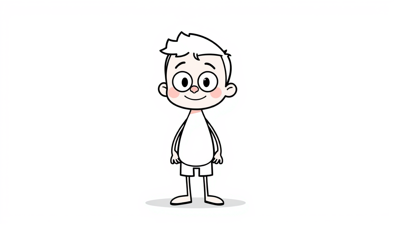 Main art studio: Simple 2D cartoon character, clean black outlines, flat colors, minimalist animation style, full body, standing, white background, simple shapes, no s