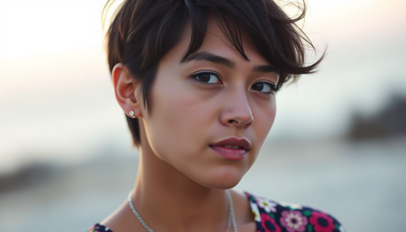Main art studio: The image shows a person with short, dark hair styled in a casual, tousled manner. The individual is wearing a delicate silver necklace with a small p