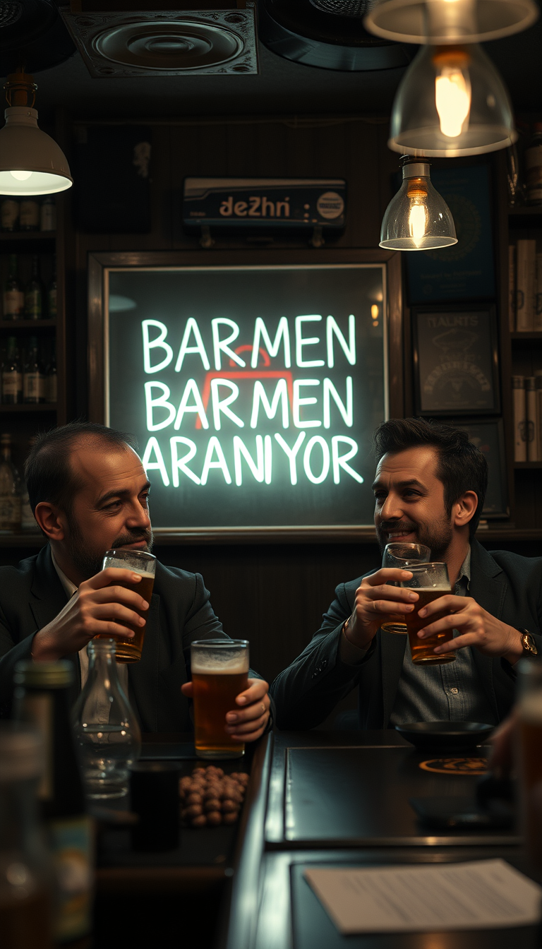 Main art studio: Realistic cinematic comedy in a stylish but slightly shabby Turkish bar at night. Two male friends sit at the bar drinking beer. Behind them is a larg