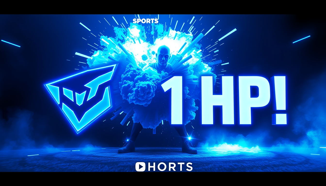 Main art studio: Epic gaming thumbnail, no person, futuristic blue neon gaming logo, dramatic explosion, glowing electric blue effects, huge bold text “1 HP!”, black a