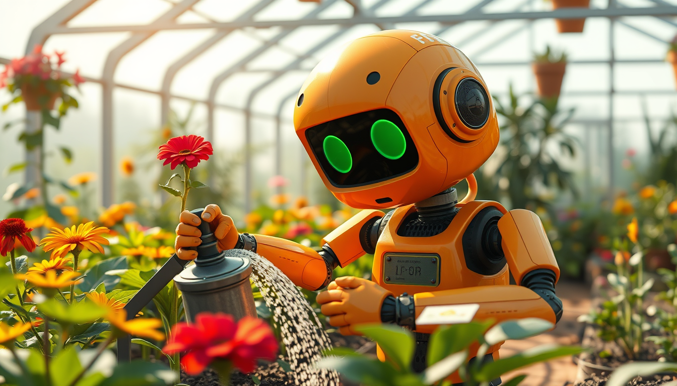 Main art studio: a friendly orange robot gardener watering flowers in a sunny greenhouse, cinematic illustration