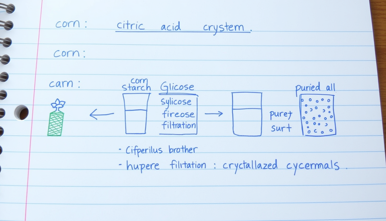 Main art studio: “A neat handwritten school-notebook diagram showing how citric acid can be produced from corn: corn → corn starch → glucose → Aspergillus niger fermen