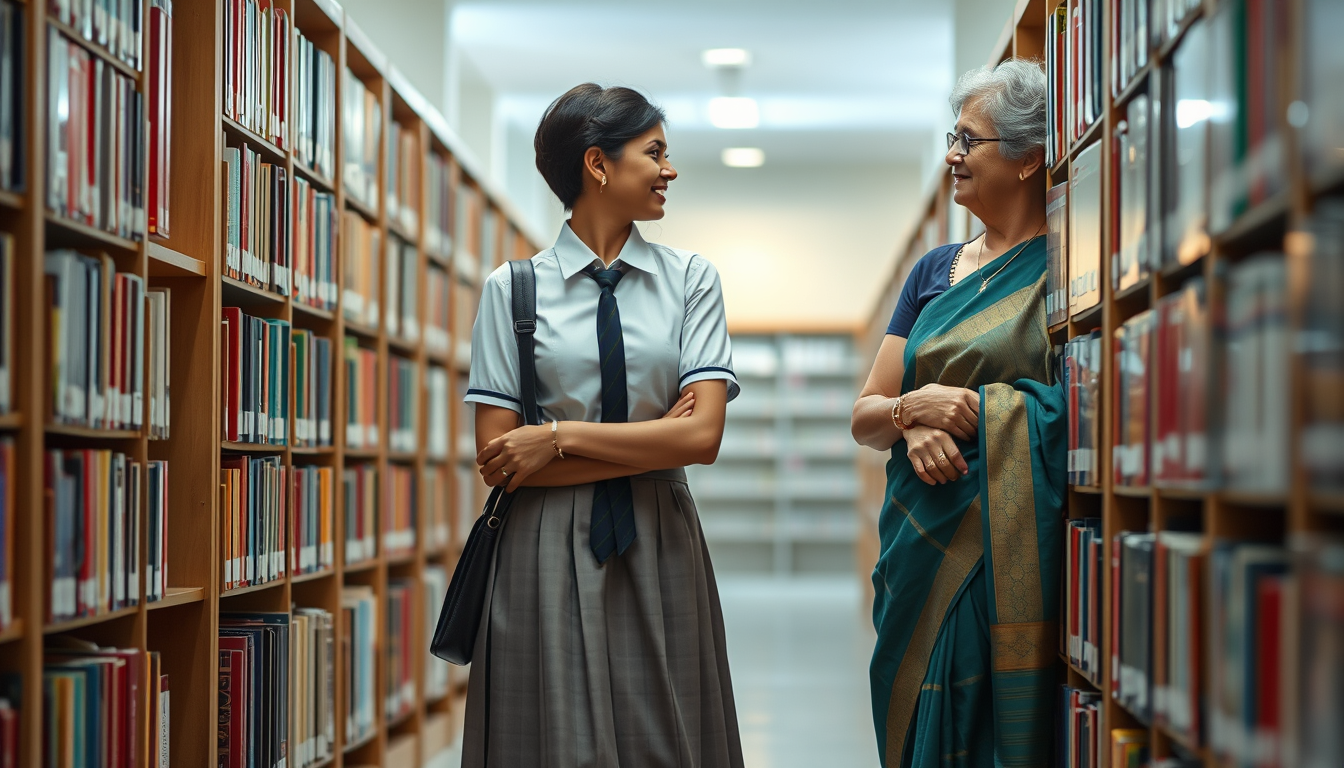 Main art studio: Landscape photorealistic Indian school library: 16-year-old female student in neat modest shirt skirt school uniform and elegant female teacher in her