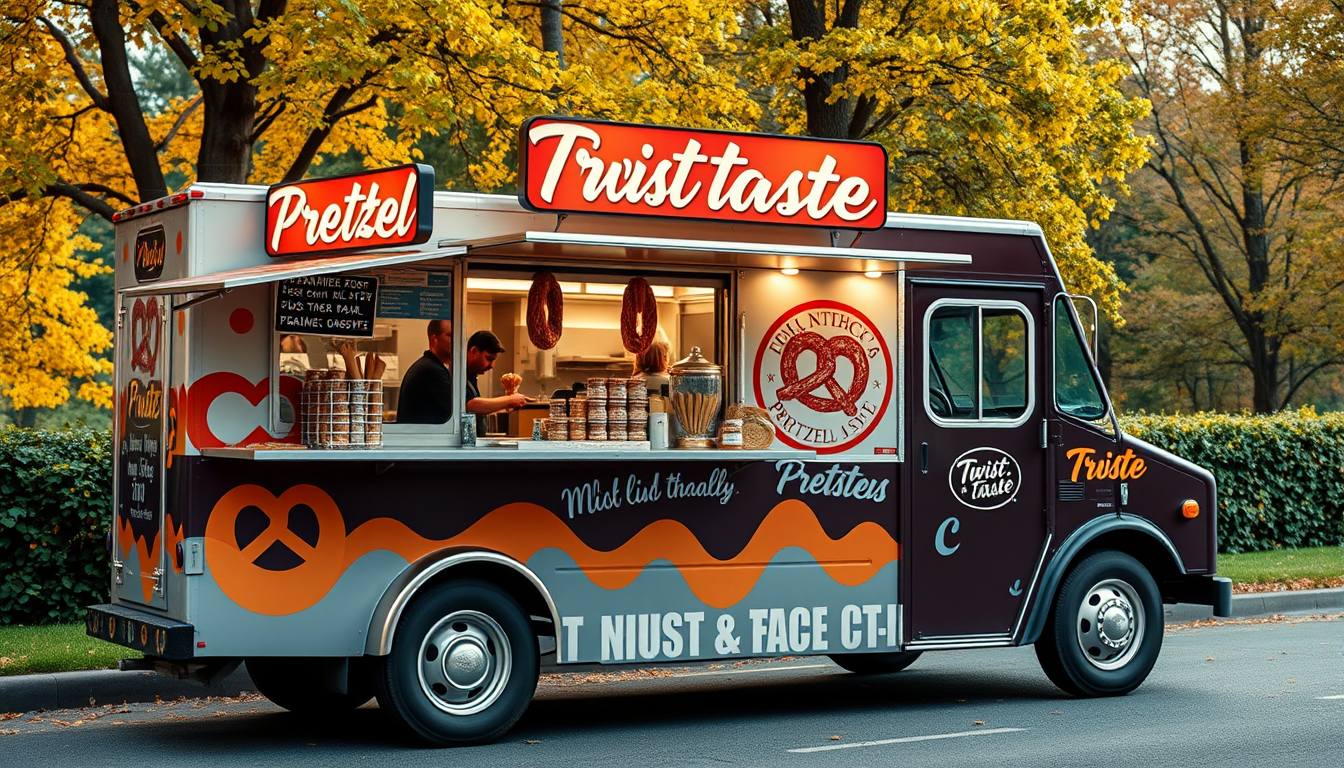 Main art studio: Make me a photo about my food truck twist and taste its a pretzel food truck make a good beautiful background and a sign on the truck with our name tw
