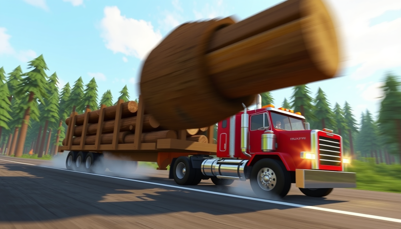 Main art studio: Roblox Lumber Tycoon 2 gameplay. A logging truck carrying huge logs drives through a forest. A giant log suddenly rolls toward the truck. Extreme slow