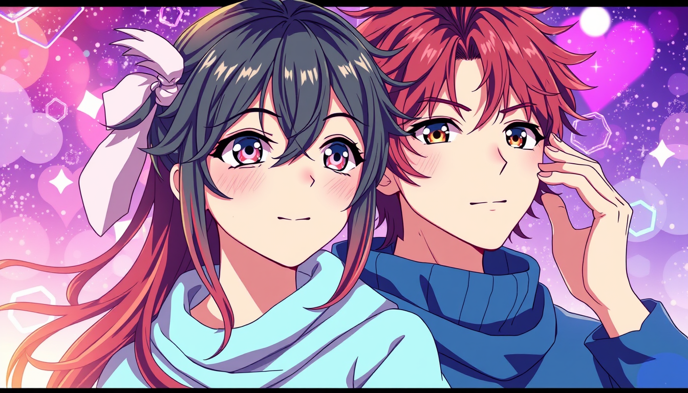 Anime idea: anime style, vibrant colors, expressive eyes, Nejire Hado and hawks (Takami Keigo) couple doimg skincare Fanart style 2d , detailed anime illustration