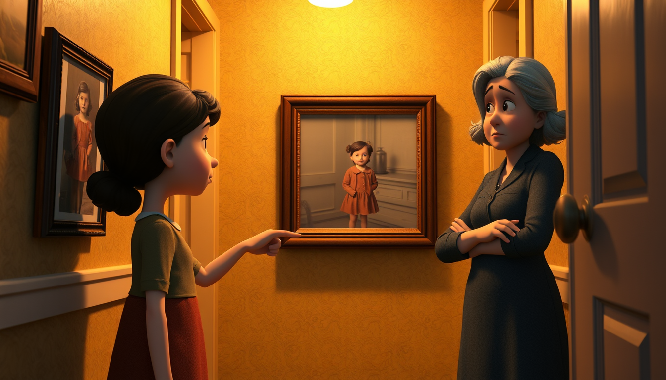 Main art studio: The Mysterious PhotographPrompt:Emma standing in the hallway and staring curiously at an old framed photograph showing young Grandma Rose as an eight-