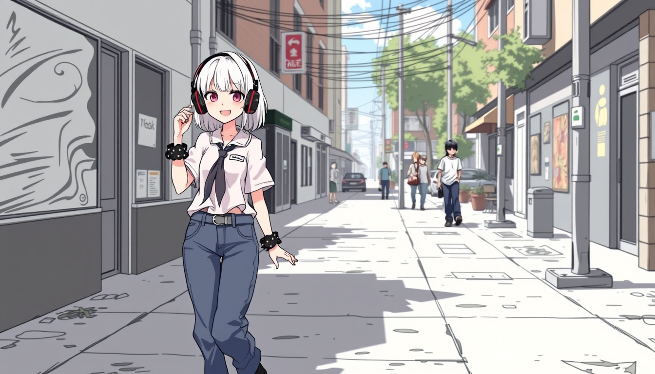 Main art studio: a manga scene of a girl with waist length white hair, wearing baggy jeans, of the shoulder band shirt, goth platform boots, kandi tie, kandi cuffs, 3
