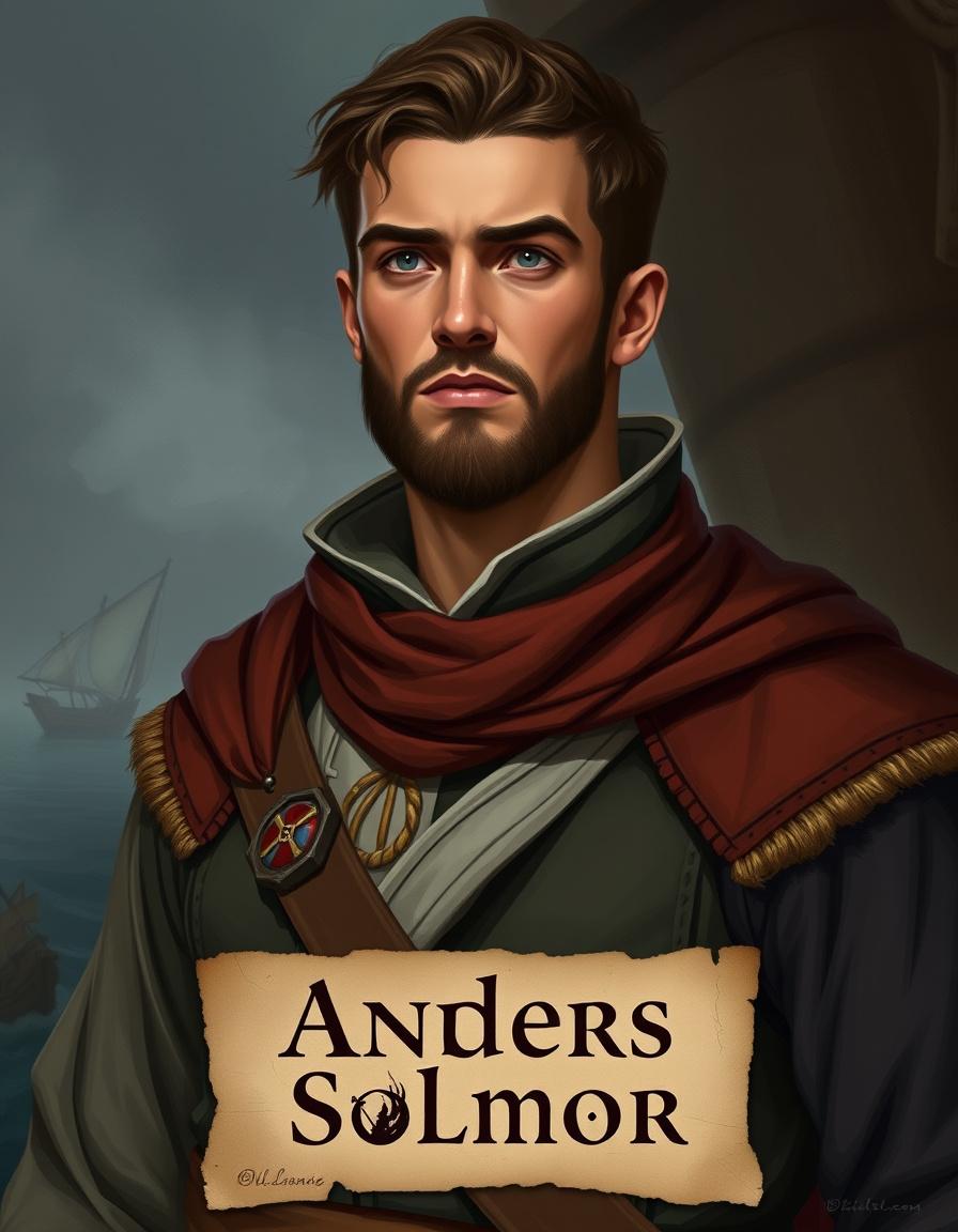 Main art studio: Un humano joven con vestimentas de noble, con una sonrisa amplia, de rasgos marcados. La imagen es de cintura para arriba y quiero que debajo ponga un
