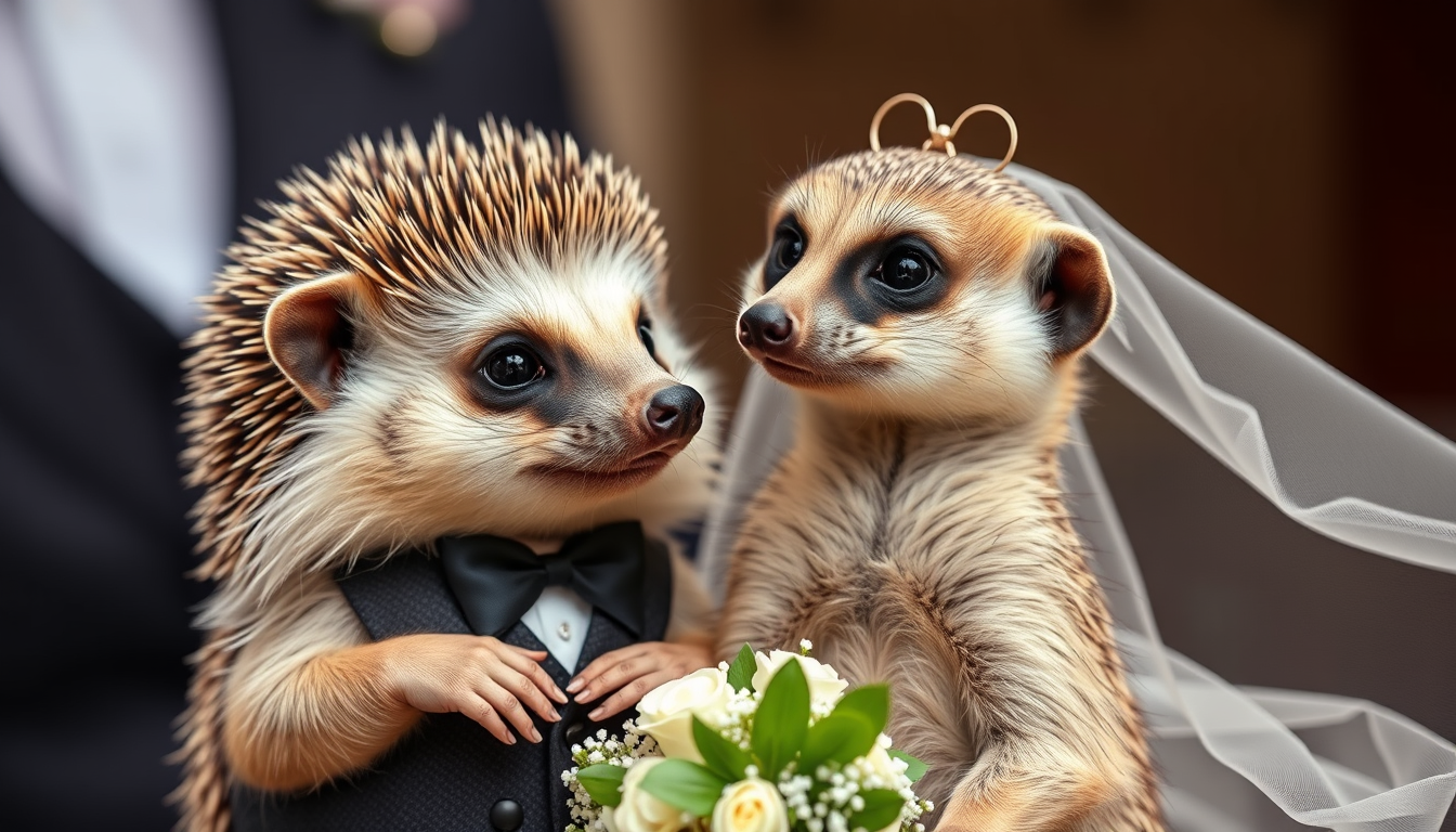 Main art studio: A wedding picture featuring a male hedgehog and a female meerkat.
