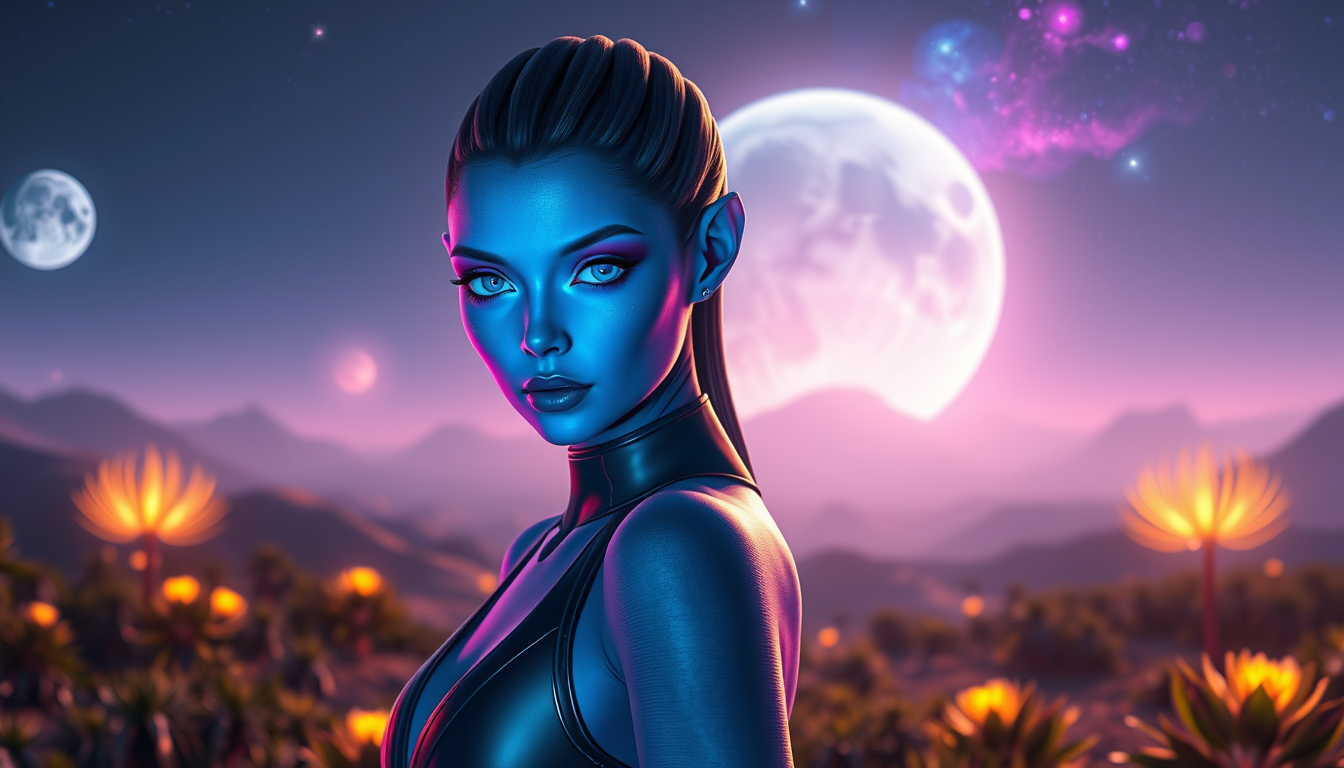 AI Art prompt example created from the prompt: A stunningly beautiful alien girl with an attractive, curves figure, glowing ethereal skin (soft blue or violet undertones), striking lumino