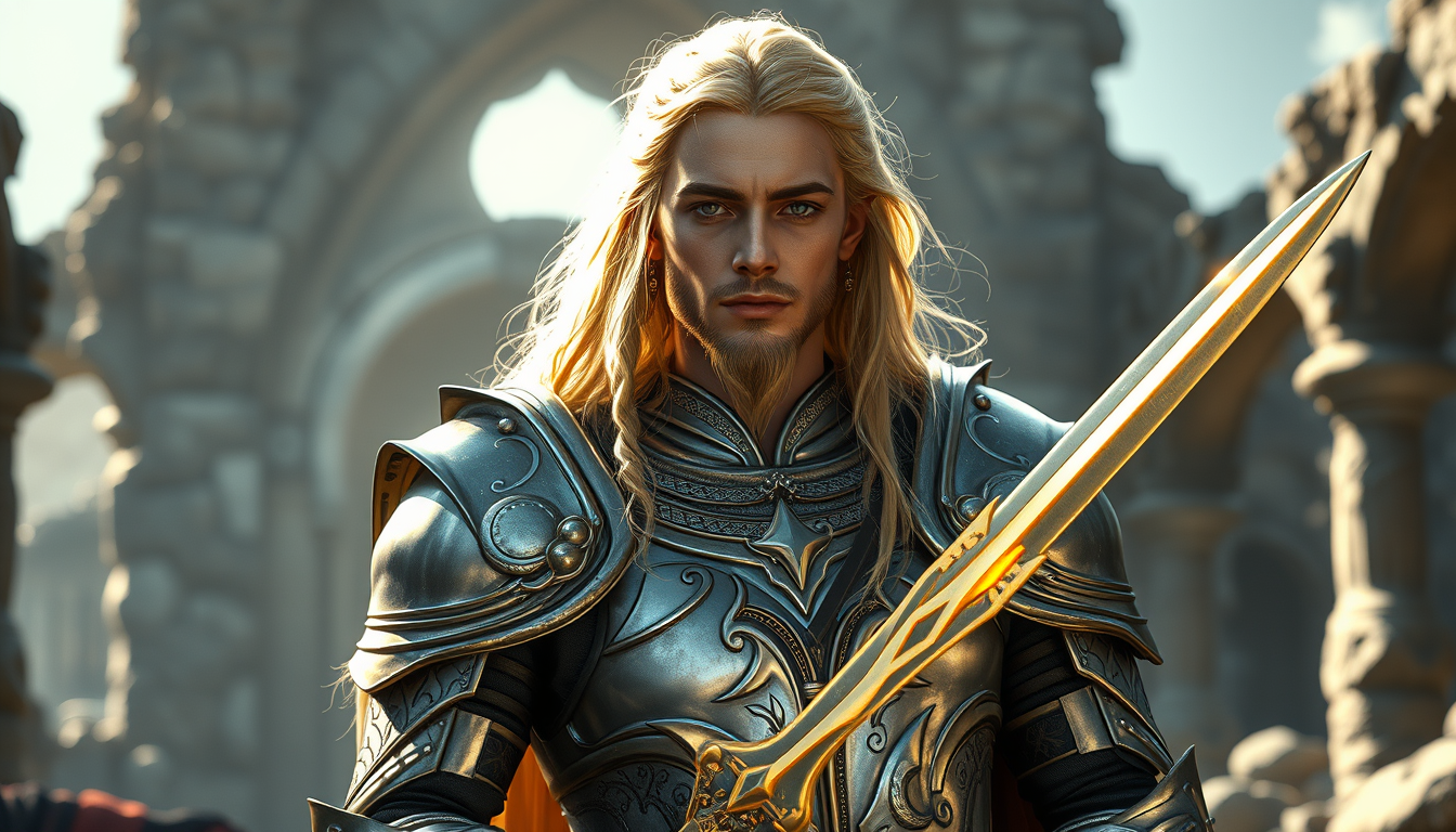 Main art studio: Epic high fantasy portrait of Glorfindel, an ancient golden-haired Elven warrior of Middle-earth, wearing elegant silver and golden armor from the Fir