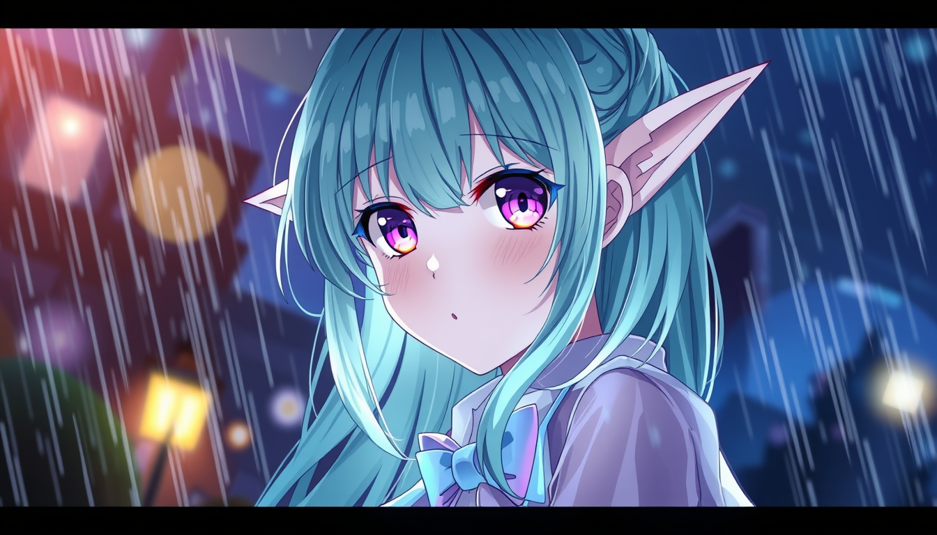 Anime idea: anime style, vibrant colors, expressive eyes, Anime girl elven at night transparent clothing rain , detailed anime illustration
