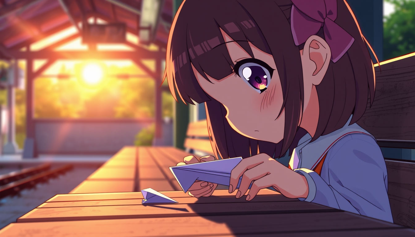 Anime idea: anime style, vibrant colors, expressive eyes, Same anime girl finding a tiny folded paper airplane on a wooden station bench, curious expression, warm