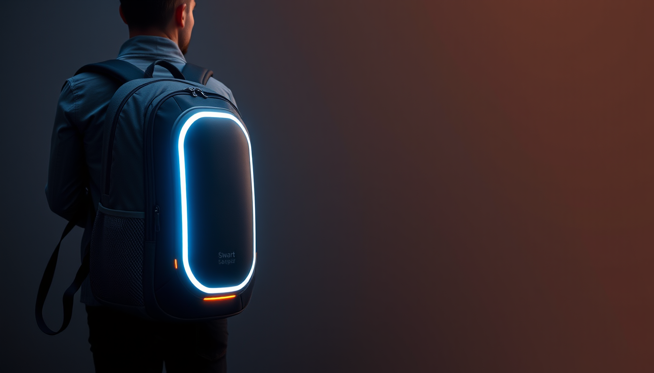 Main art studio: Hi, erstelle mir ein Bild von einem Smart Rucksack, welcher LED Licht, Sprachsteuerung, Ortung und modern ist, damit ich dieses in meine PowerPoint Pr