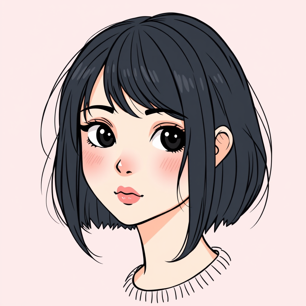Main art studio: Make a girl with medium dark brown hair, round face, black eyes make that drawing make the drawing kind of Vector Graphic