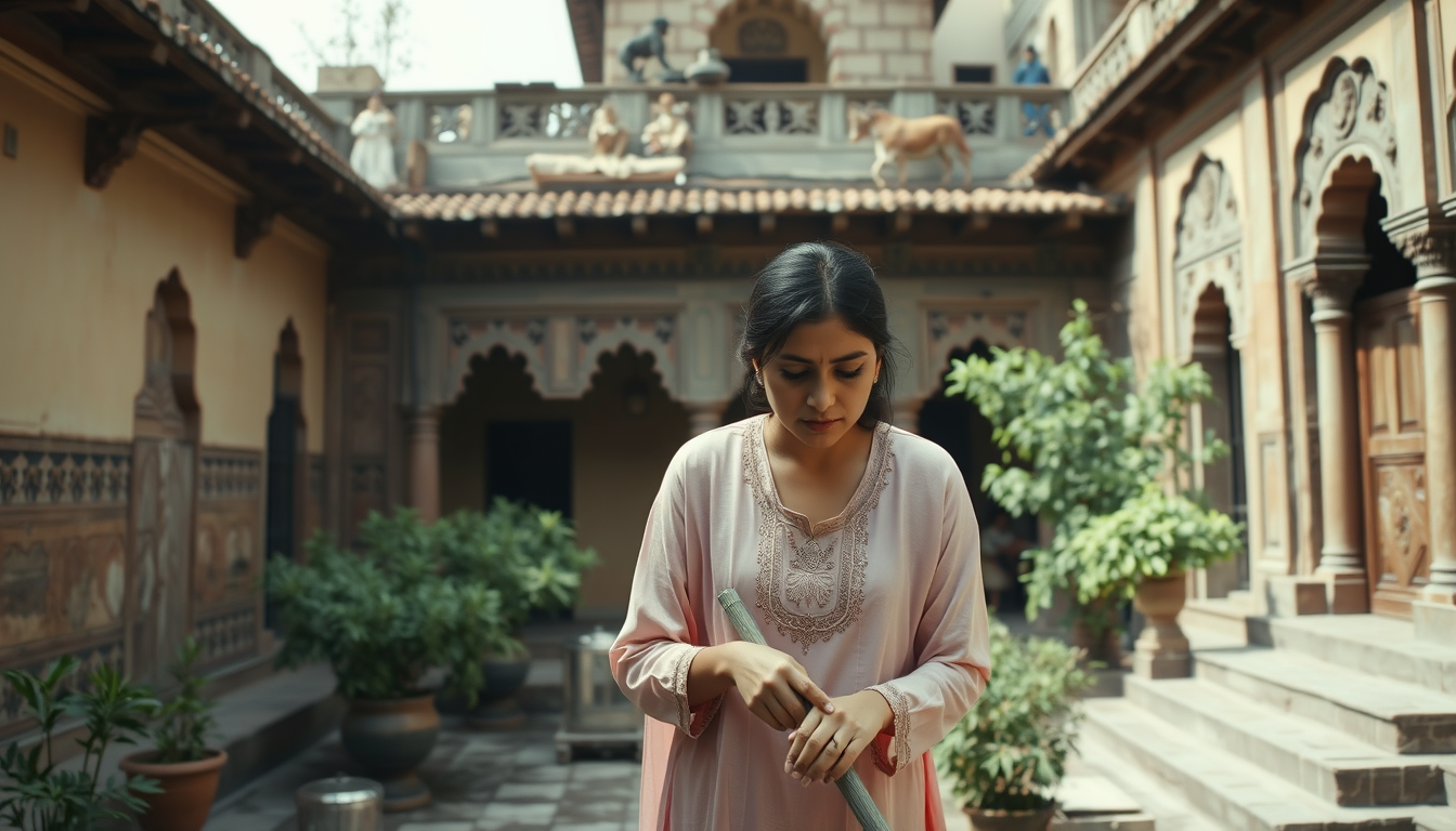 AI Art prompt example created from the prompt: Haya, 22, wearing a simple pastel pink shalwar kameez, cleaning a large traditional Pakistani haveli courtyard. She looks tired and emotiona