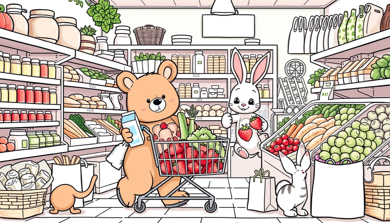Main art studio: Scene: A cute bear and bunny doing their weekly grocery shopping together inside a charming neighborhood grocery store. The bear is pushing a shopping