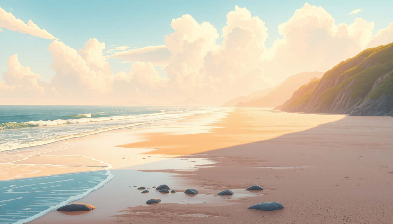Main art studio: Transform the Muchangpo Beach photo into a warm animated movie illustration. Keep the original beach, ocean waves, tidal flats, and coastline. Create