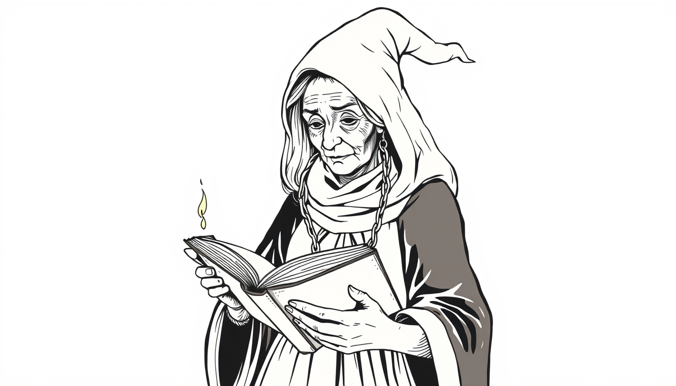 Main art studio: line drawing of an old female witch with a book of spells