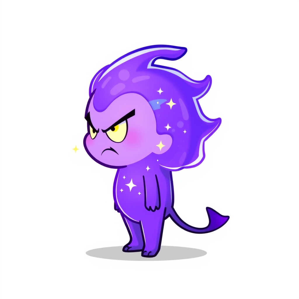 Main art studio: 2D side-view game character, facing right, cute but slightly angry expression, calm neutral personality, purple and blue cosmic energy body, small sta