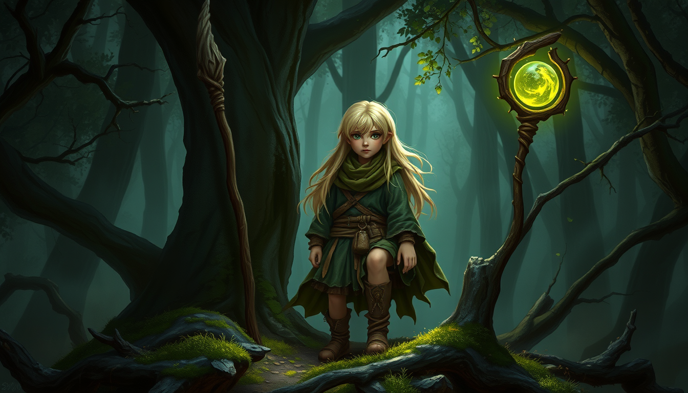 Npc idea: original non-player character concept, readable role and personality, distinctive practical costume, Leryai, Witch of the Forest. A short, light‑skinn