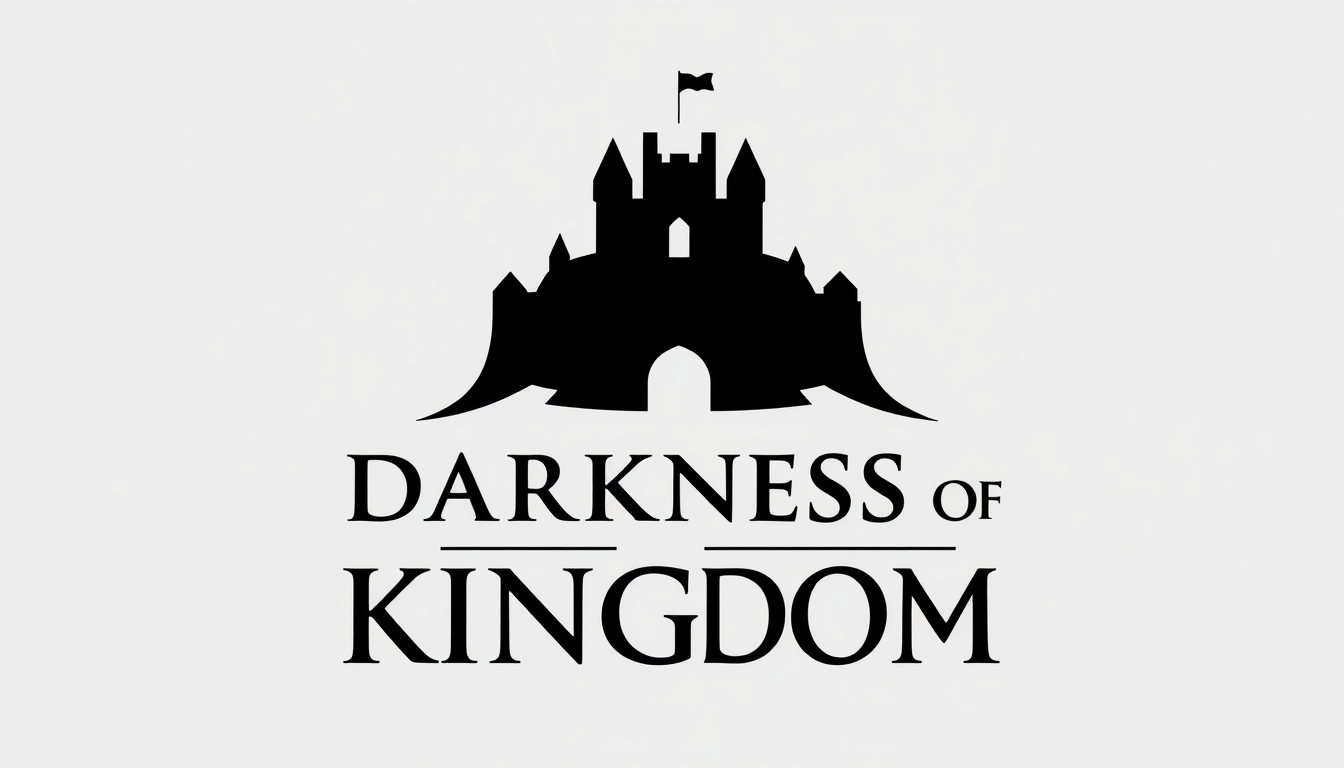 Logo idea: logo design, clean minimal mark, bold simple shapes, balanced composition, Exact text: DARKNESS OF KINGDOM. Light gray background, bold gothic black l