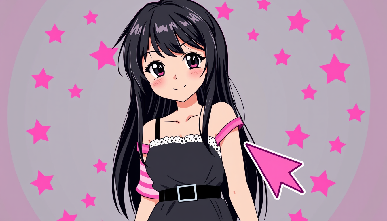 Main art studio: 2D vector flash game illustration of a girl with long thigh-length jet black hair in a sharp, messy half-up half-down style, with side bangs framing h
