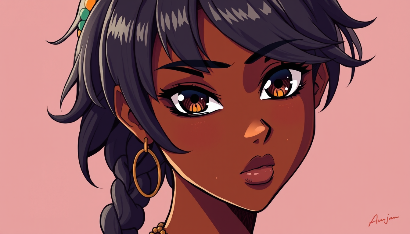 Anime idea created from the prompt: anime style, vibrant colors, expressive eyes, Jeune fille africaine forme bien dessiner je veux noir yeux marron visage en forme , detailed 