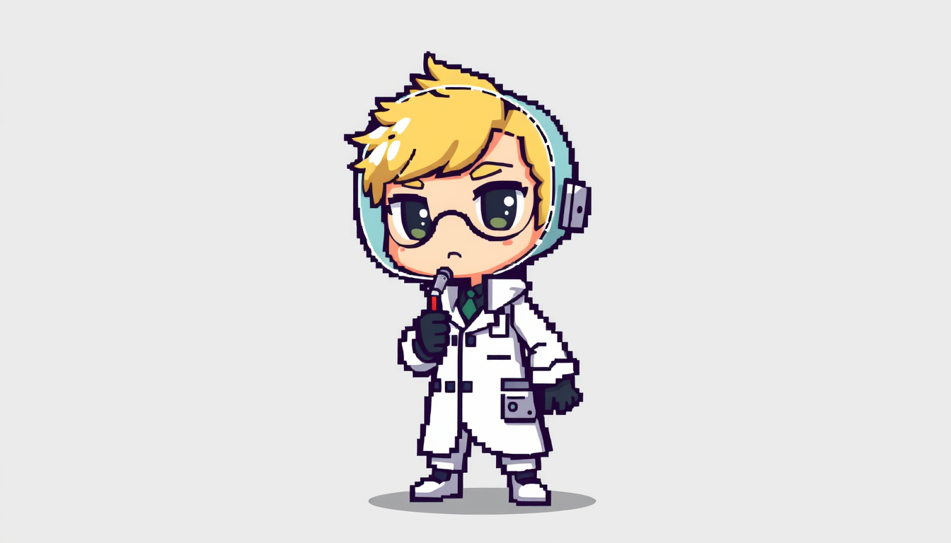Main art studio: pixel art character, chibi style, no background, scientist