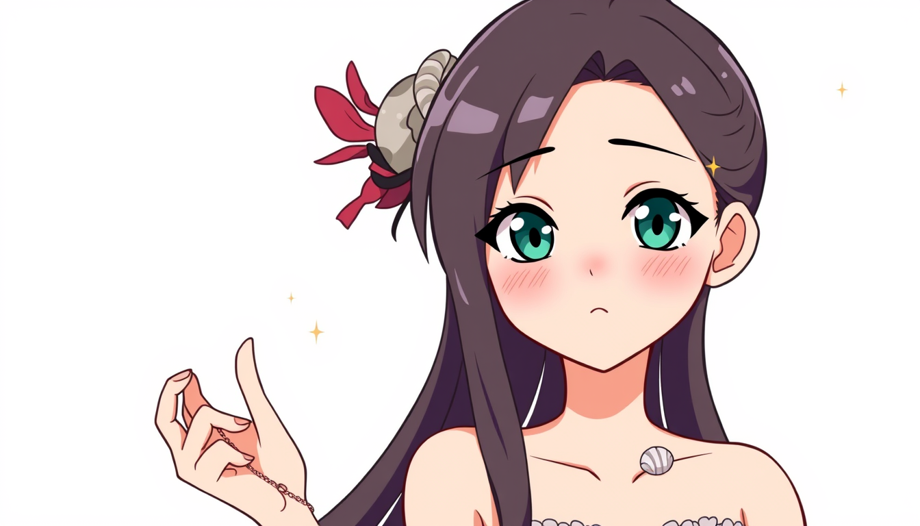 VTuber idea: vtuber avatar character, anime style, expressive face, streaming-ready design, Anime woman wearing only 2 tiny seashells , clean vtuber model illustra