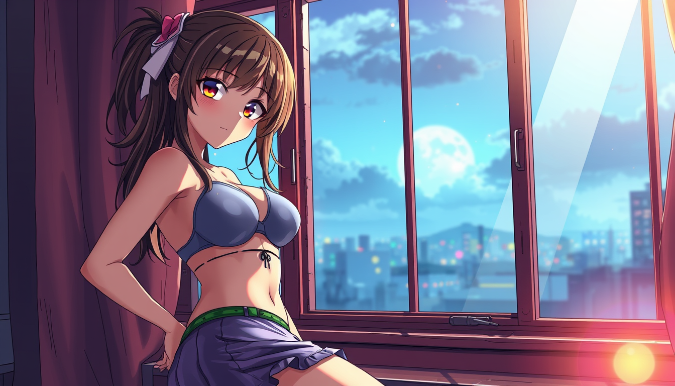 Anime idea: anime style, vibrant colors, expressive eyes, Hot woman phisically got Stuck by the waist in open window , detailed anime illustration