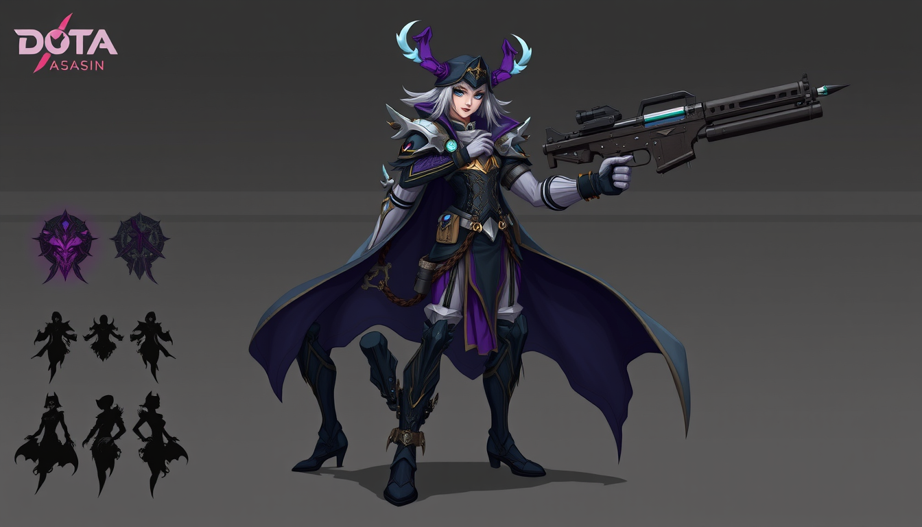 Character idea created from the prompt: original character design, detailed outfit and accessories, expressive personality, dota 2 phantom assasin arcana and gun , character concep