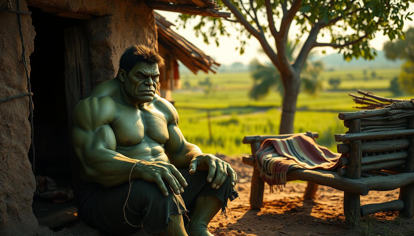 Main art studio: Ultra realistic 3D Hulk living in a small Indian village with his old mother, Hulk wearing torn pants, sitting outside a mud house, old mother sitting