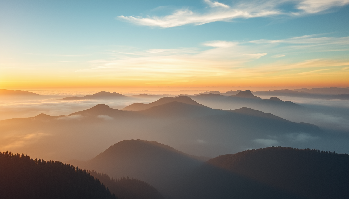 Main art studio: aerial shot of foggy mountain range at sunrise, ultra realistic